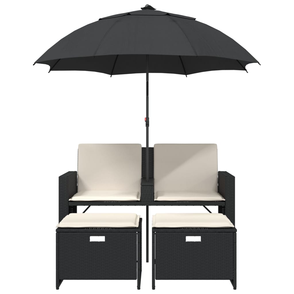 vidaXL 2-os. sofa ogrodowa z parasolem i stołkami, czarna, polirattan