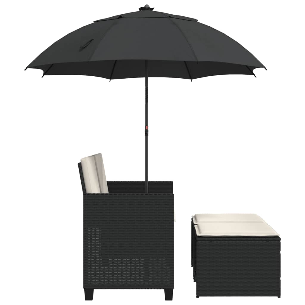 vidaXL 2-os. sofa ogrodowa z parasolem i stołkami, czarna, polirattan