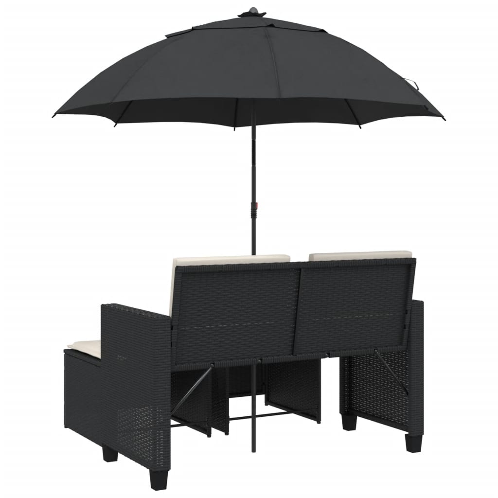 vidaXL 2-os. sofa ogrodowa z parasolem i stołkami, czarna, polirattan