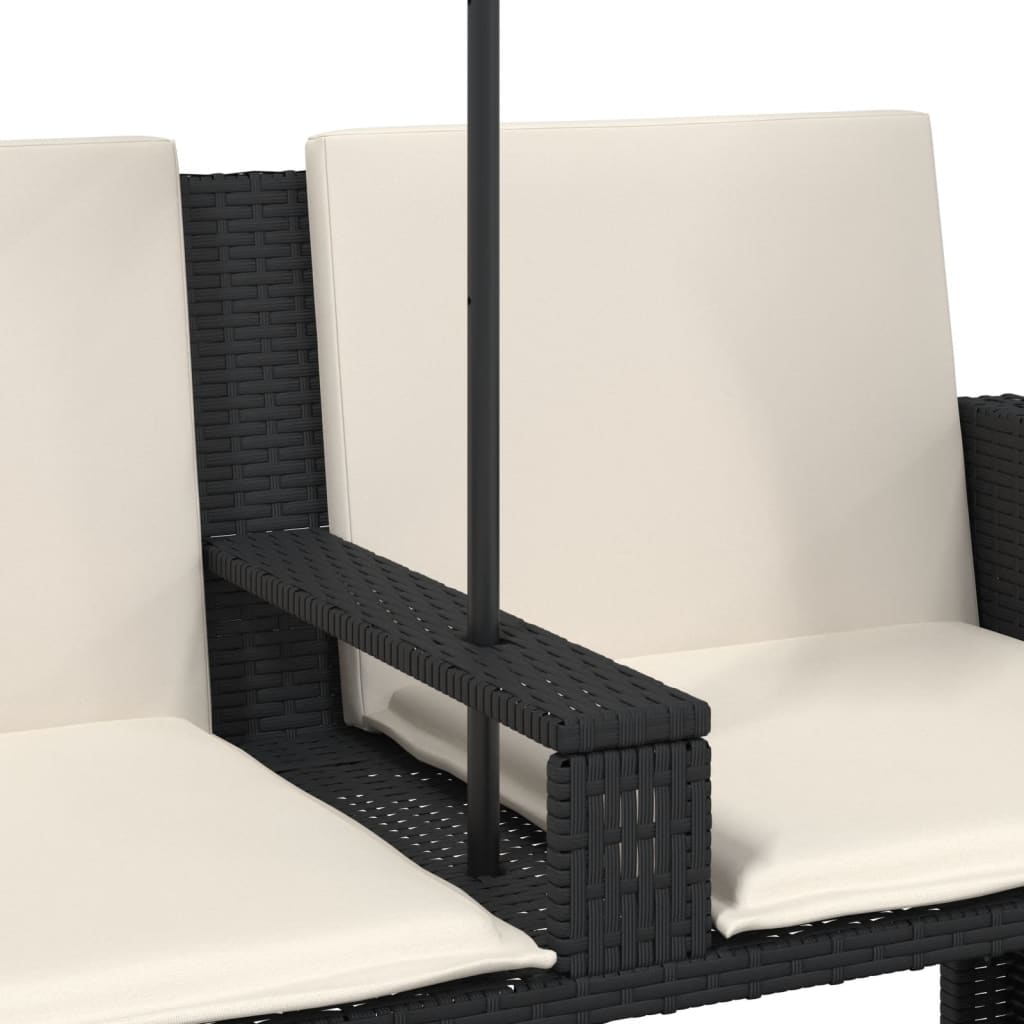 vidaXL 2-os. sofa ogrodowa z parasolem i stołkami, czarna, polirattan