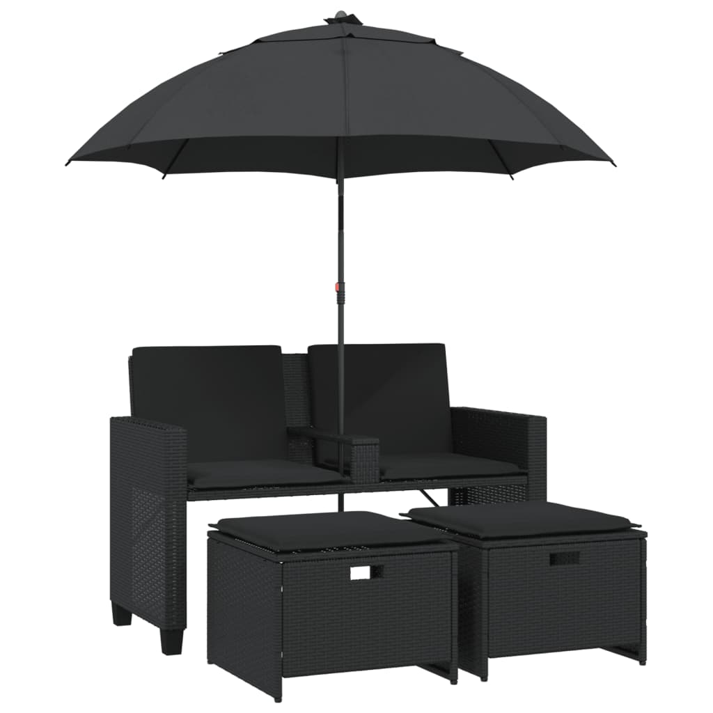 vidaXL 2-os. sofa ogrodowa z parasolem i stołkami, czarna, polirattan
