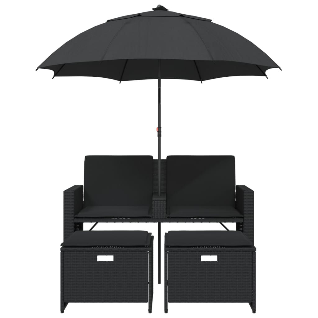 vidaXL 2-os. sofa ogrodowa z parasolem i stołkami, czarna, polirattan