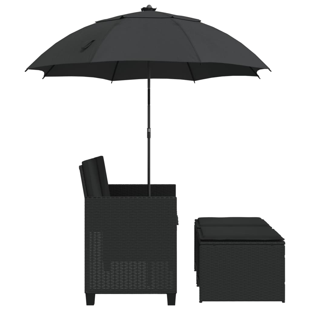 vidaXL 2-os. sofa ogrodowa z parasolem i stołkami, czarna, polirattan
