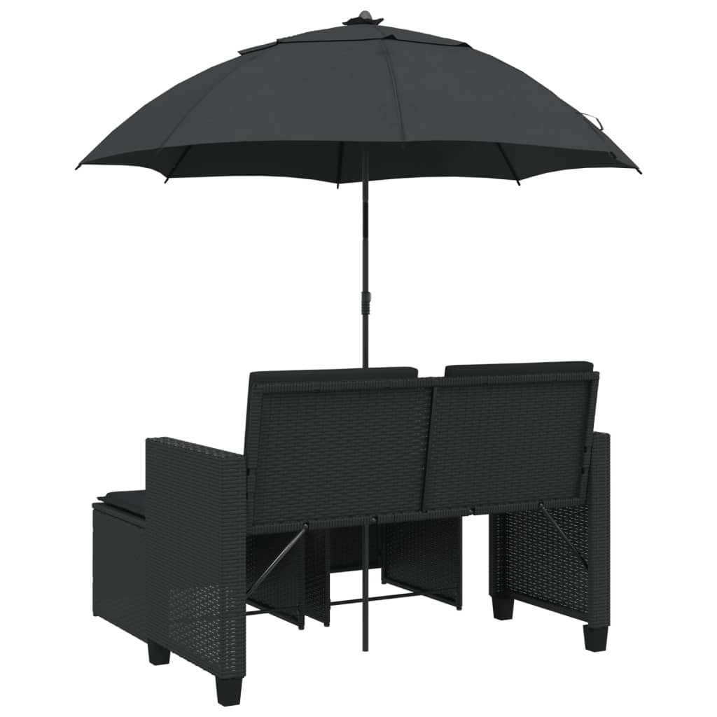 vidaXL 2-os. sofa ogrodowa z parasolem i stołkami, czarna, polirattan