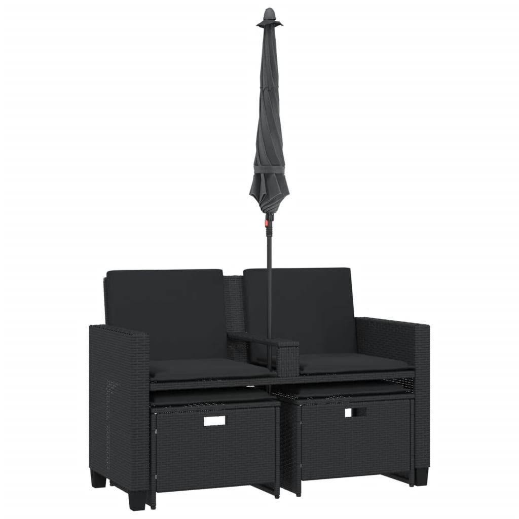 vidaXL 2-os. sofa ogrodowa z parasolem i stołkami, czarna, polirattan