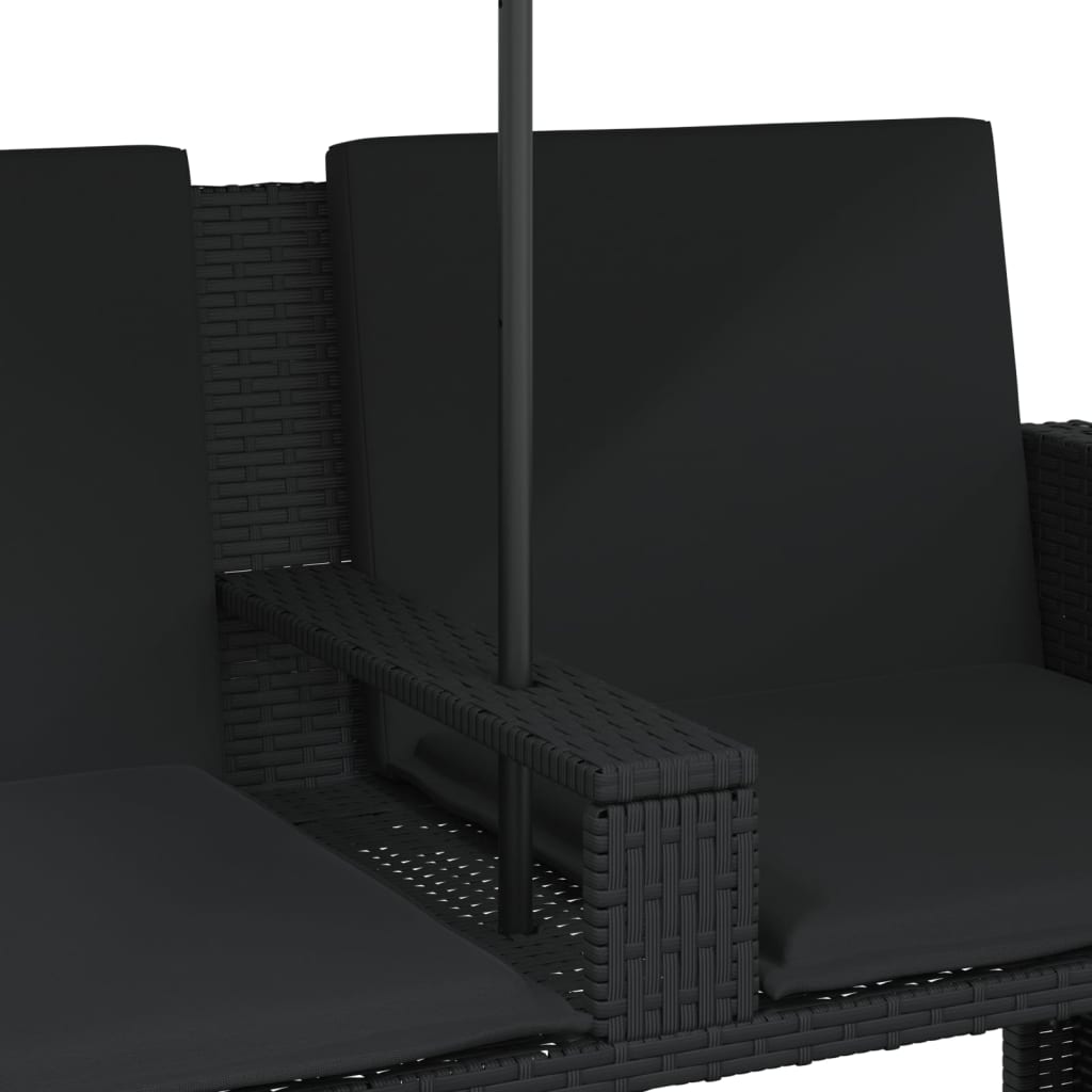 vidaXL 2-os. sofa ogrodowa z parasolem i stołkami, czarna, polirattan
