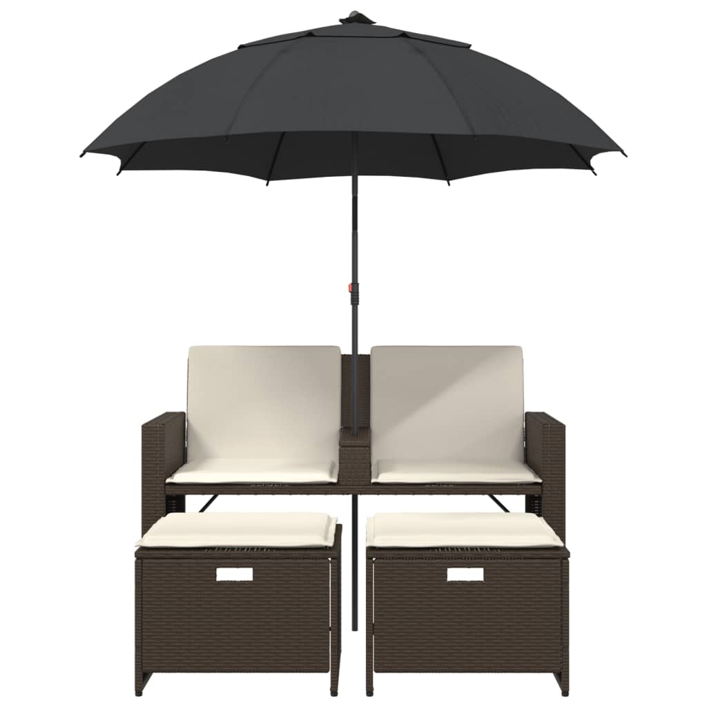 vidaXL 2-os. sofa ogrodowa z parasolem i stołkami, brązowa, polirattan