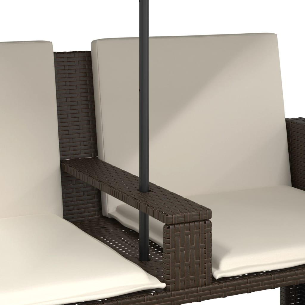 vidaXL 2-os. sofa ogrodowa z parasolem i stołkami, brązowa, polirattan