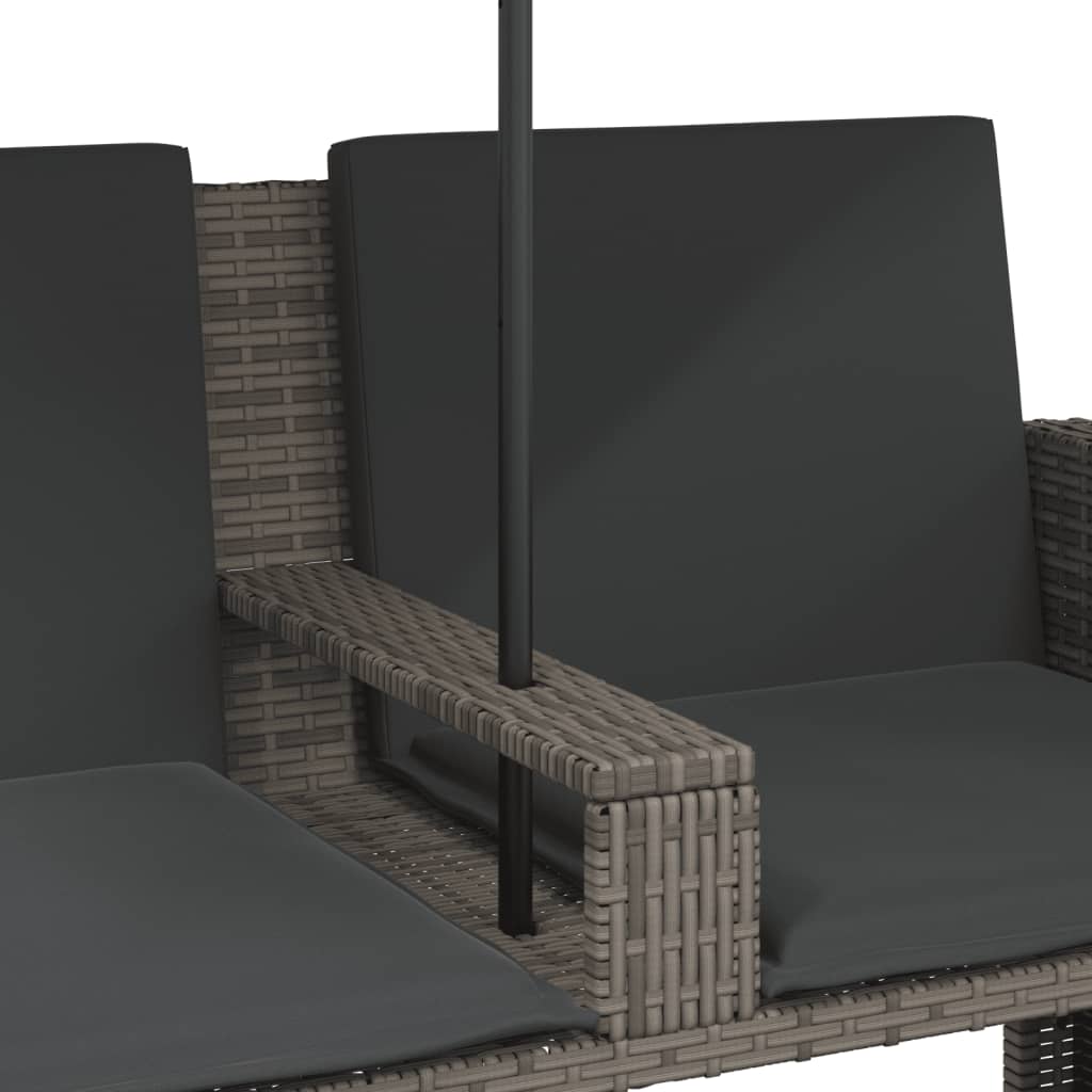 vidaXL 2-os. sofa ogrodowa z parasolem i stołkami, szara, polirattan