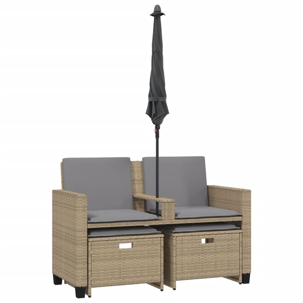 vidaXL 2-os. sofa ogrodowa z parasolem i stołkami, beżowa, polirattan