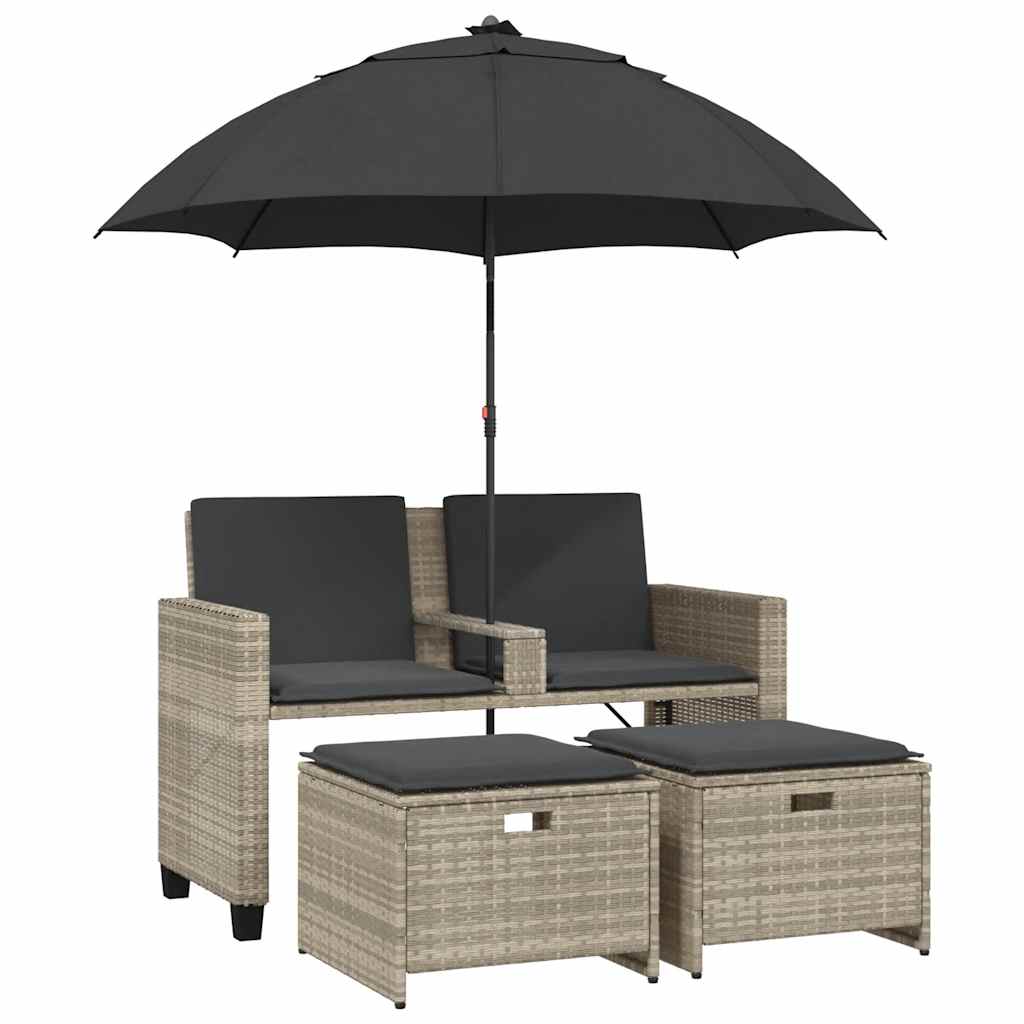 vidaXL 2-os. sofa ogrodowa ze parasolem i stołkami, jasnoszara
