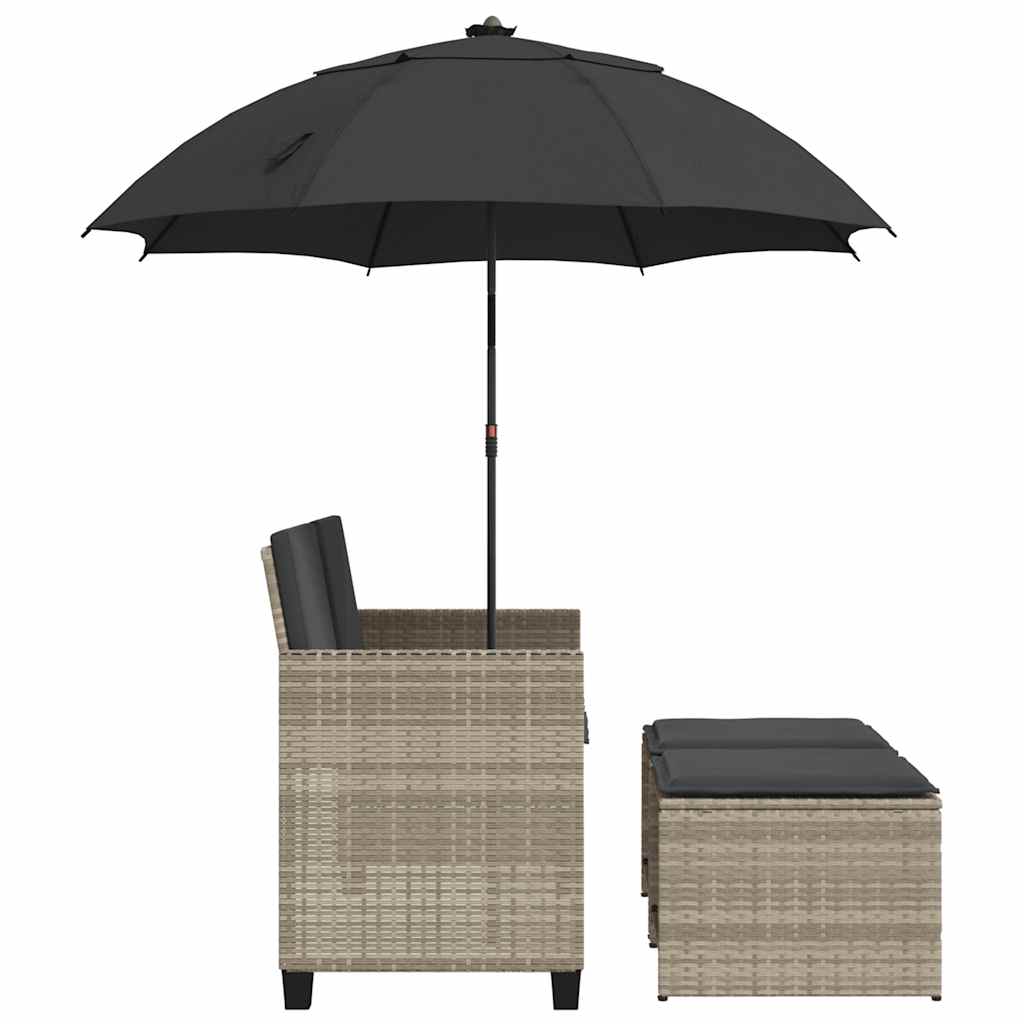 vidaXL 2-os. sofa ogrodowa ze parasolem i stołkami, jasnoszara