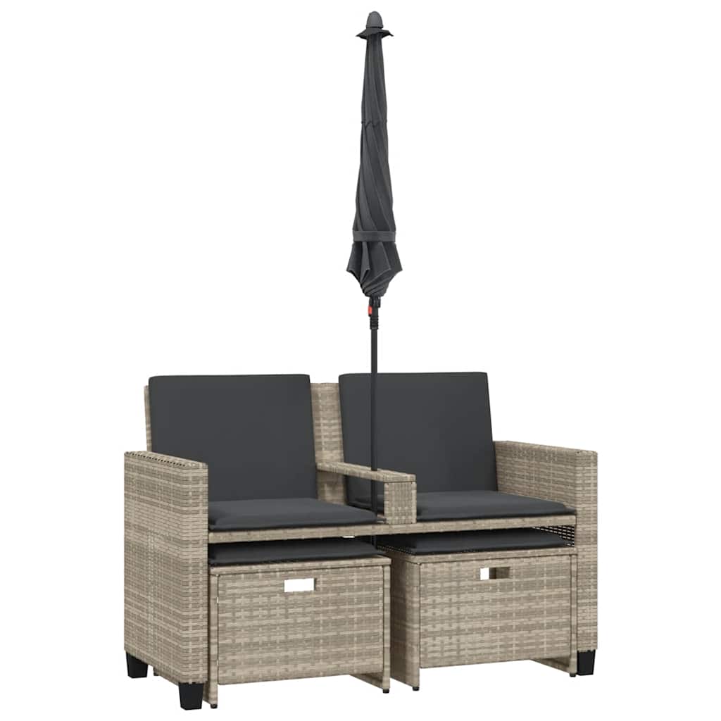 vidaXL 2-os. sofa ogrodowa ze parasolem i stołkami, jasnoszara