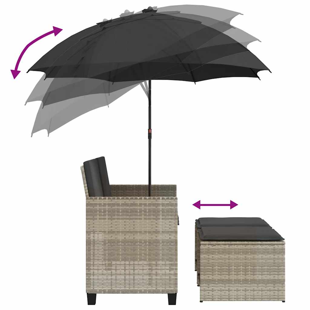 vidaXL 2-os. sofa ogrodowa ze parasolem i stołkami, jasnoszara