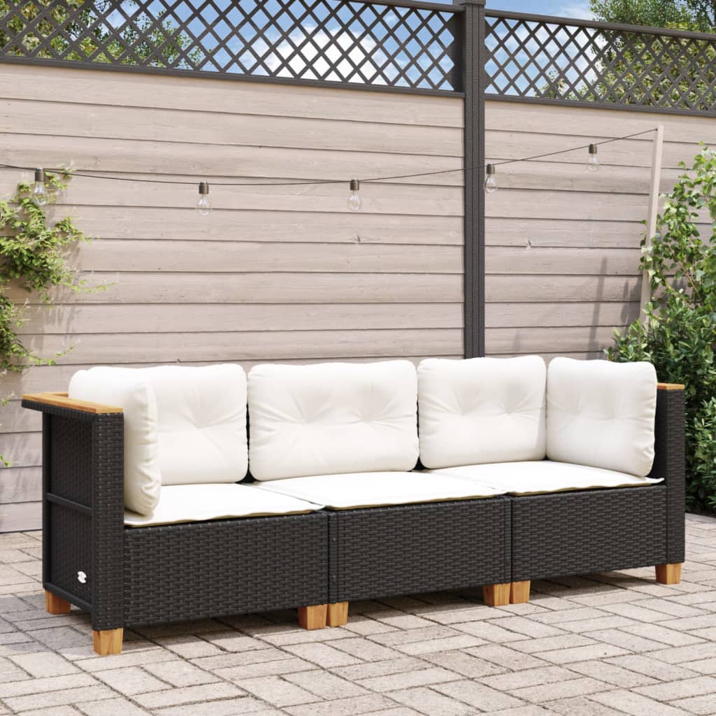 vidaXL Sofa ogrodowa z poduszkami, 3-osobowa, czarna, polirattan