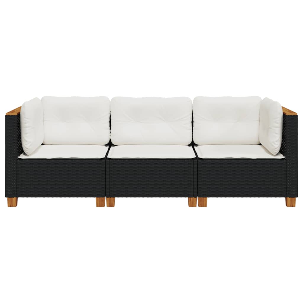 vidaXL Sofa ogrodowa z poduszkami, 3-osobowa, czarna, polirattan