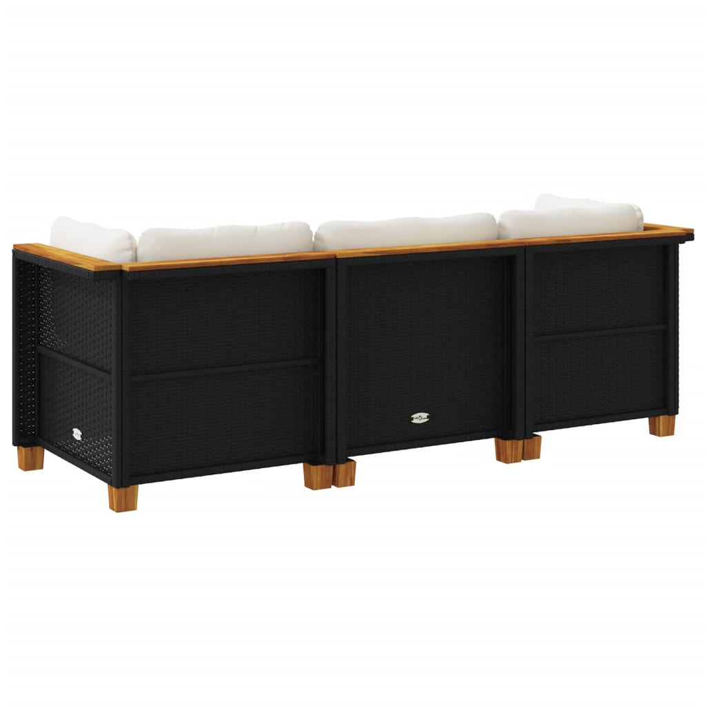 vidaXL Sofa ogrodowa z poduszkami, 3-osobowa, czarna, polirattan