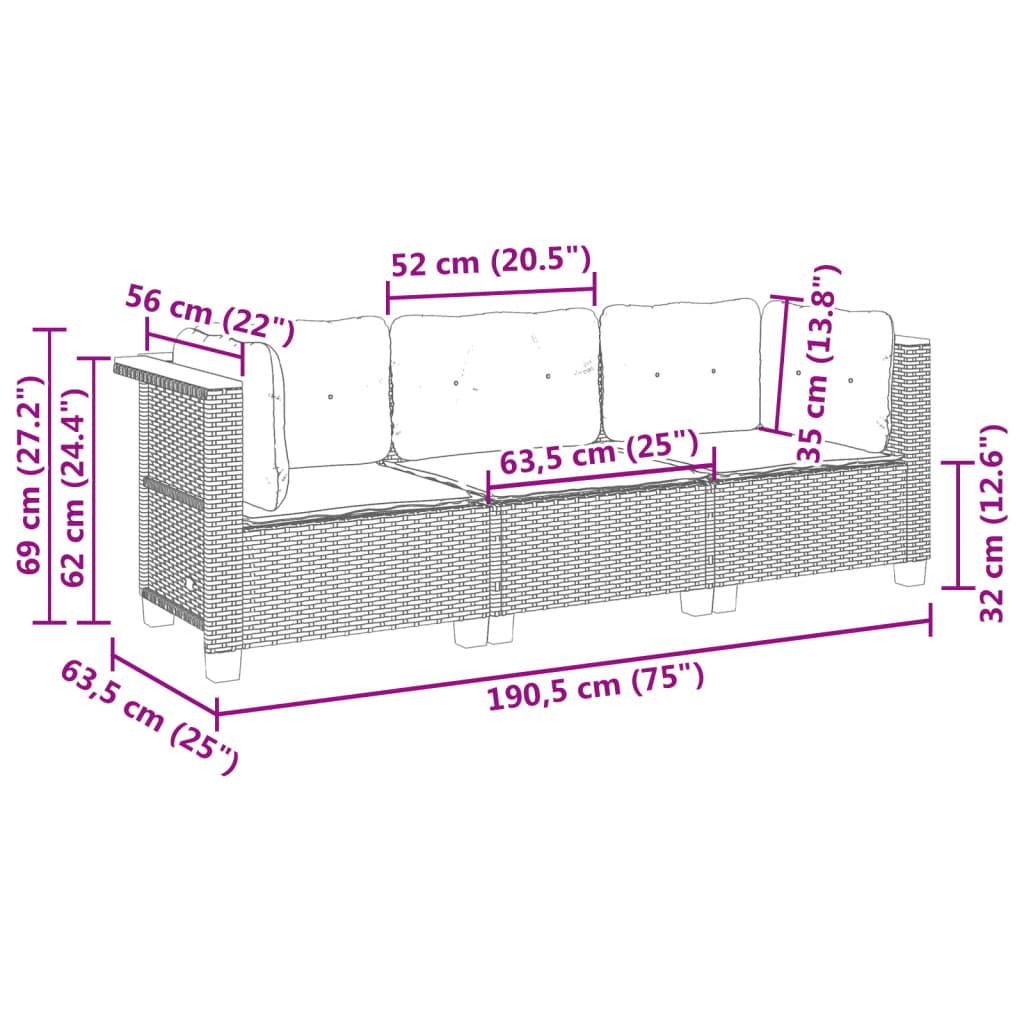 vidaXL Sofa ogrodowa z poduszkami, 3-osobowa, czarna, polirattan