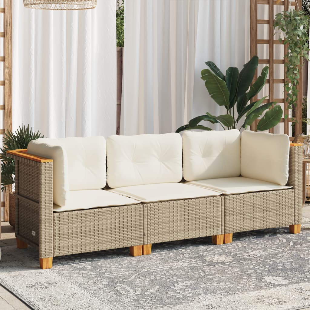 vidaXL Sofa ogrodowa z poduszkami, 3-osobowa, beż, polirattan