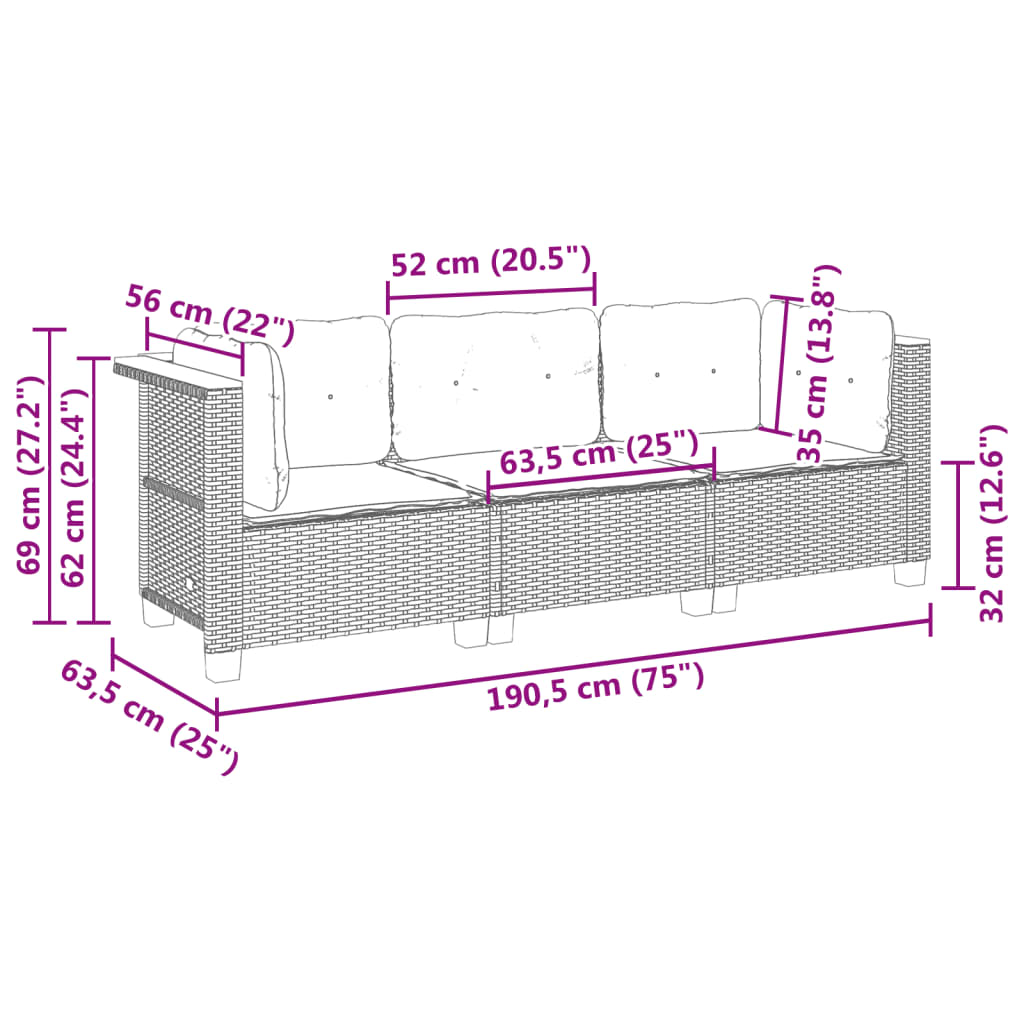vidaXL Sofa ogrodowa z poduszkami, 3-osobowa, beż, polirattan