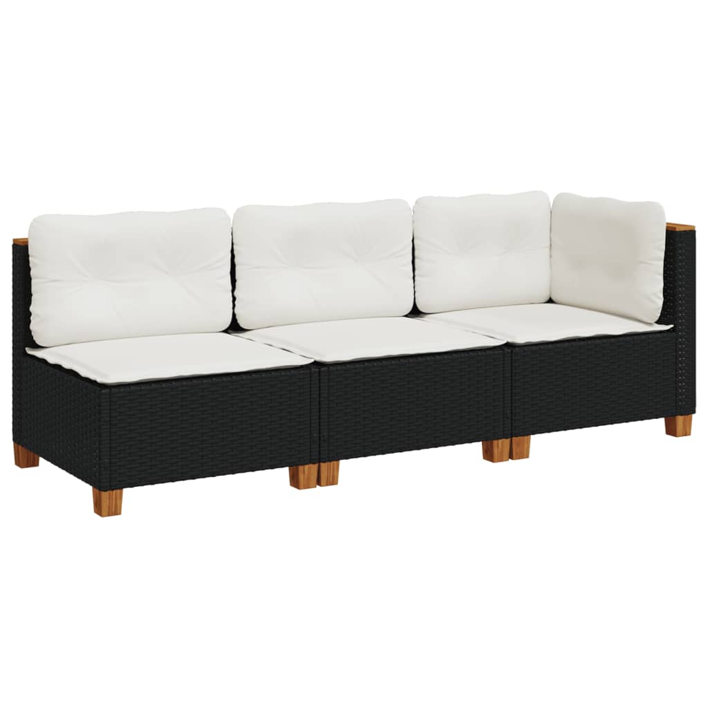 vidaXL Sofa ogrodowa z poduszkami, 3-osobowa, czarna, polirattan
