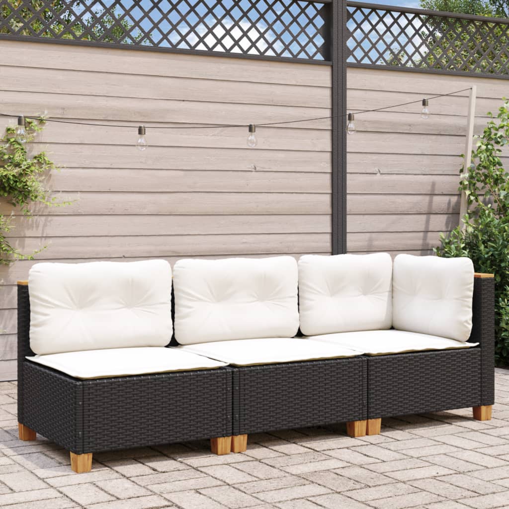 vidaXL Sofa ogrodowa z poduszkami, 3-osobowa, czarna, polirattan