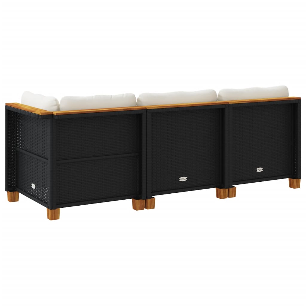 vidaXL Sofa ogrodowa z poduszkami, 3-osobowa, czarna, polirattan