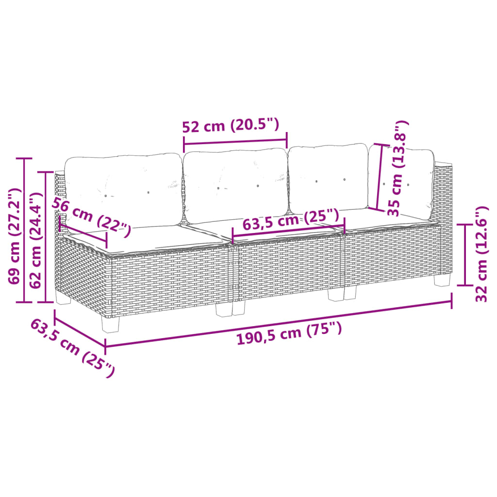 vidaXL 3-osobowa sofa ogrodowa z poduszkami, szara, polirattan