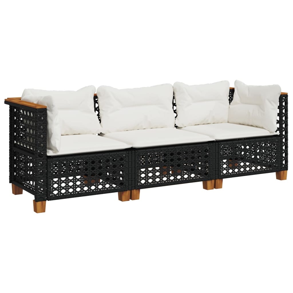 vidaXL Sofa ogrodowa z poduszkami, 3-osobowa, czarna, polirattan