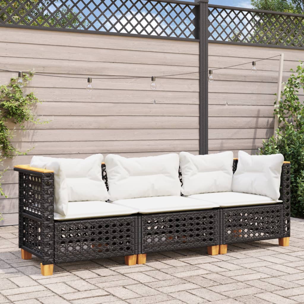 vidaXL Sofa ogrodowa z poduszkami, 3-osobowa, czarna, polirattan