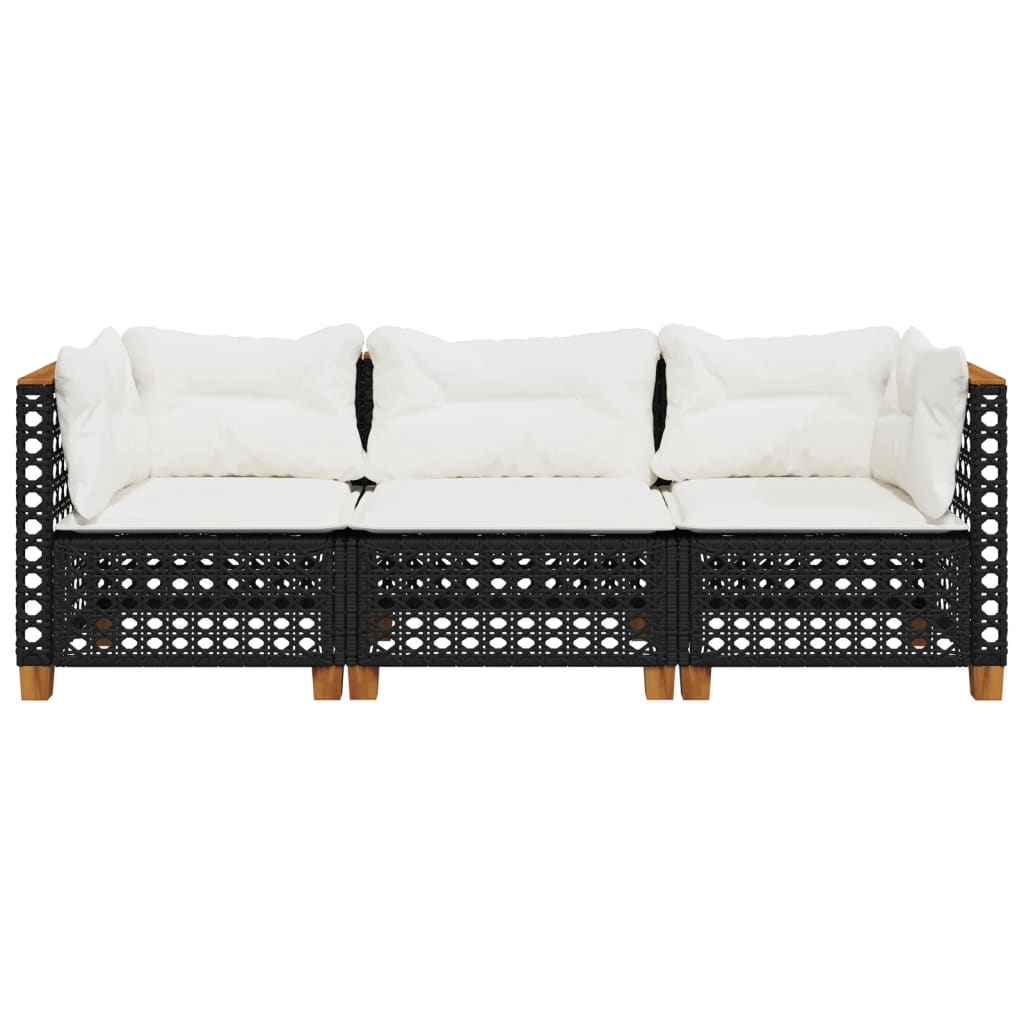 vidaXL Sofa ogrodowa z poduszkami, 3-osobowa, czarna, polirattan