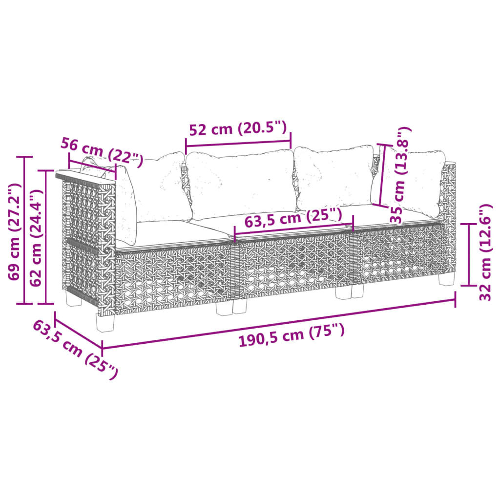 vidaXL 3-osobowa sofa ogrodowa z poduszkami, szara, polirattan