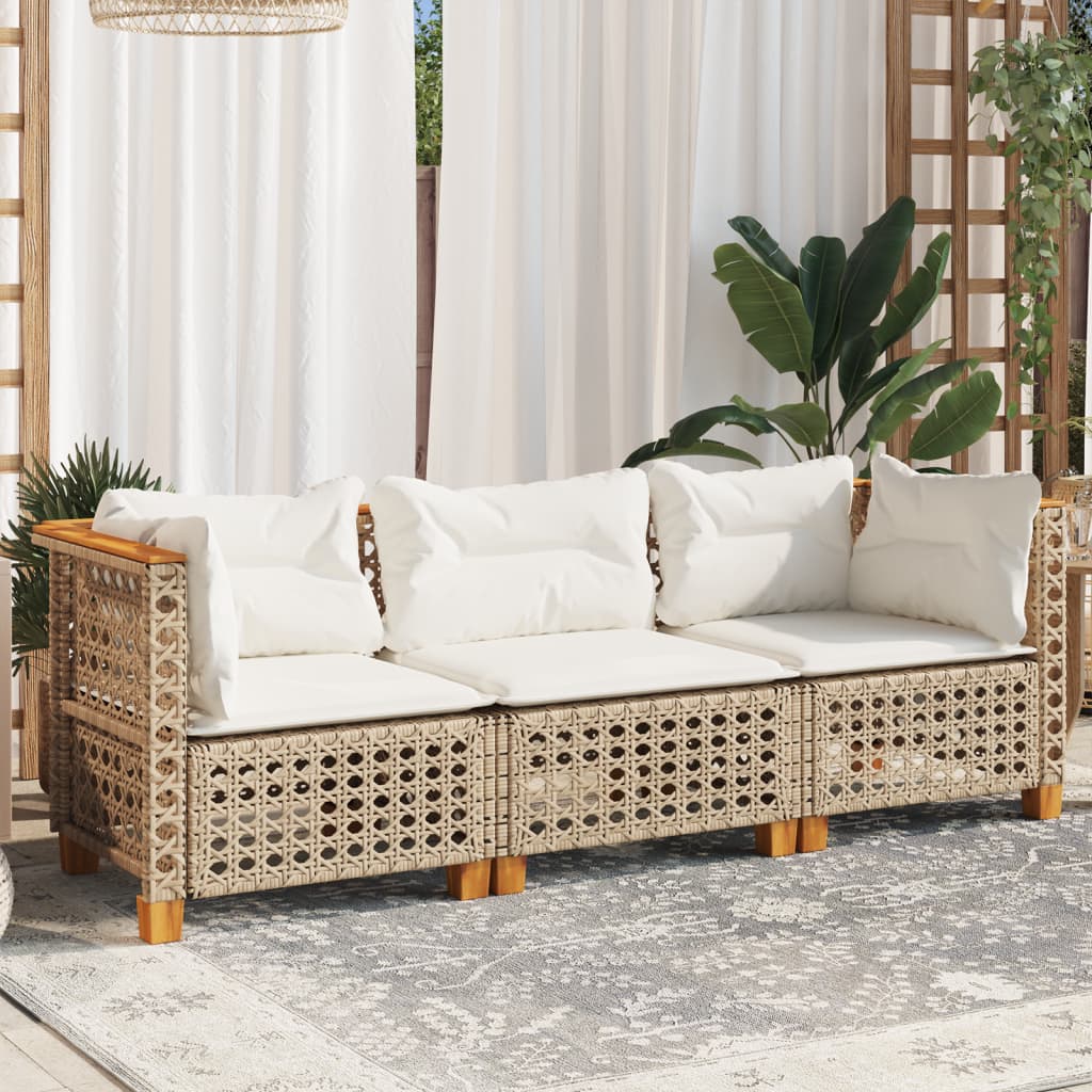 vidaXL Sofa ogrodowa z poduszkami, 3-osobowa, beż, polirattan