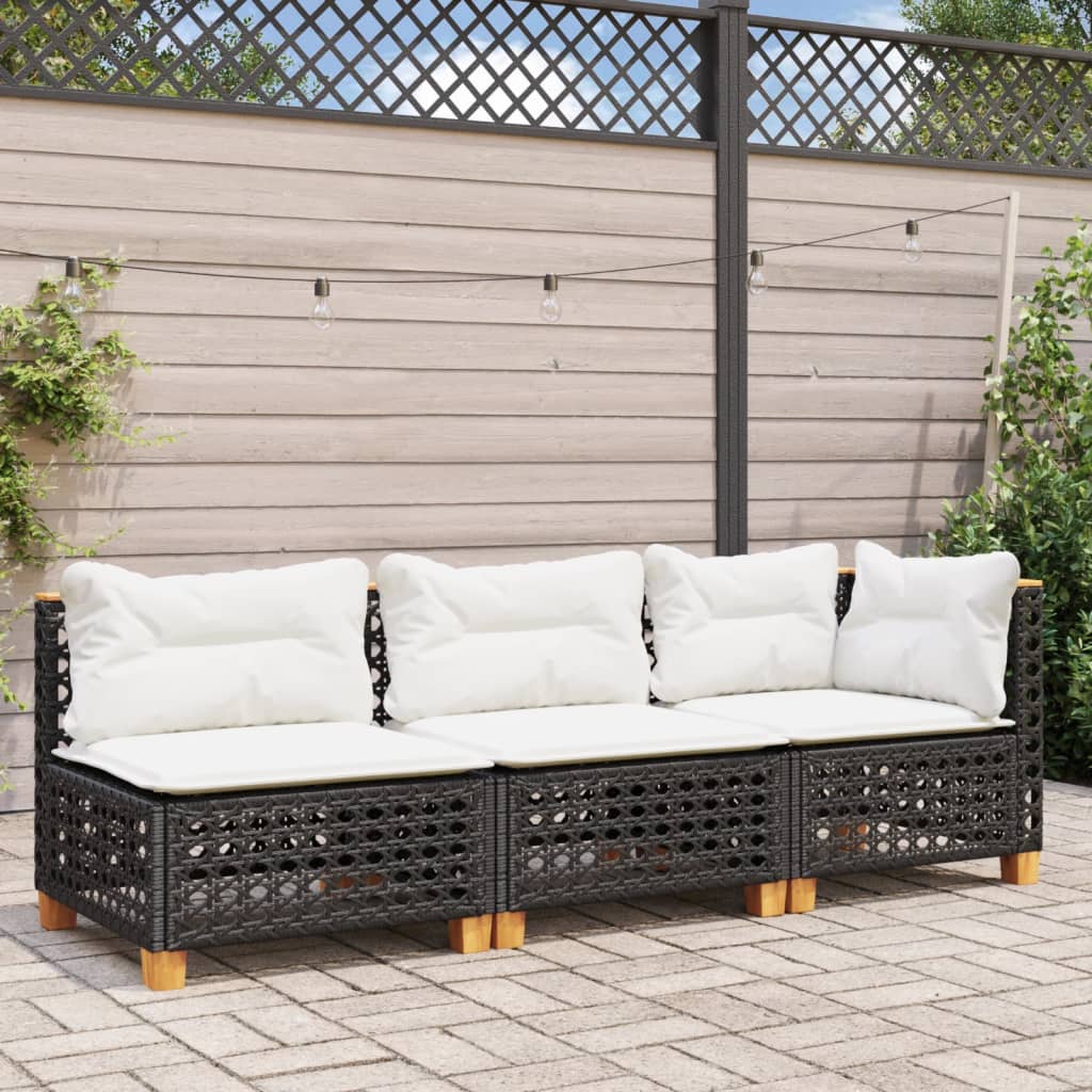 vidaXL Sofa ogrodowa z poduszkami, 3-osobowa, czarna, polirattan