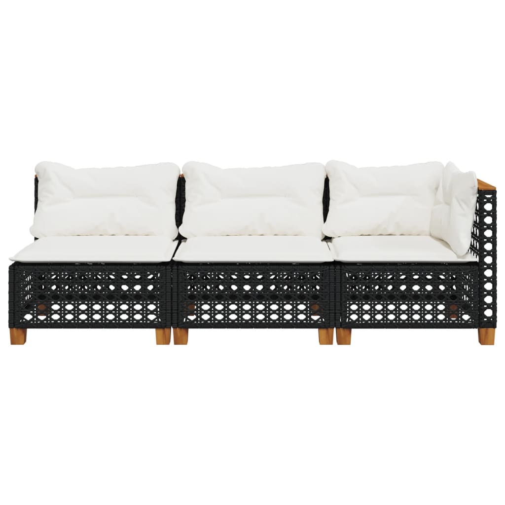 vidaXL Sofa ogrodowa z poduszkami, 3-osobowa, czarna, polirattan