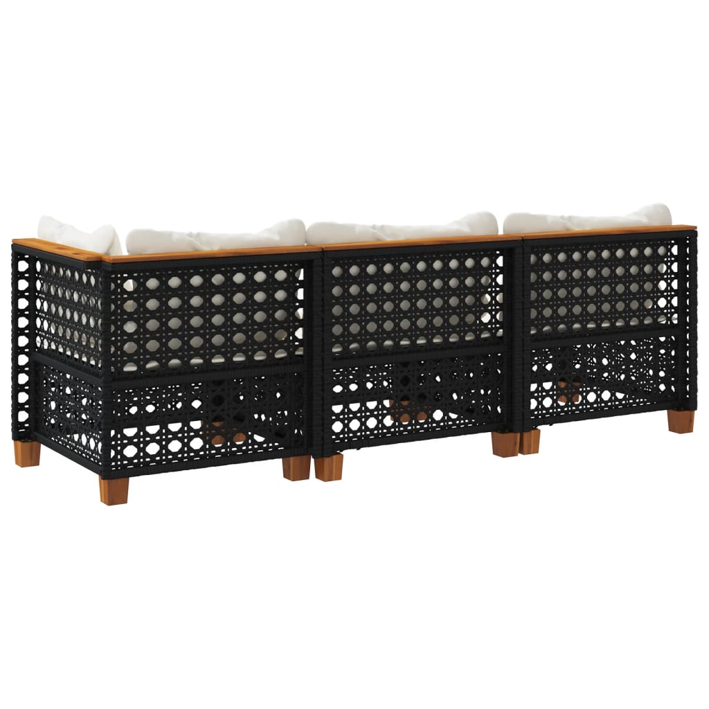 vidaXL Sofa ogrodowa z poduszkami, 3-osobowa, czarna, polirattan