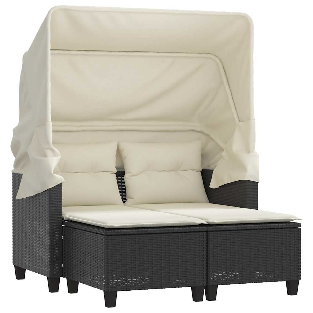 vidaXL 2-os. sofa ogrodowa z daszkiem i podnóżkami, czarna, rattan PE