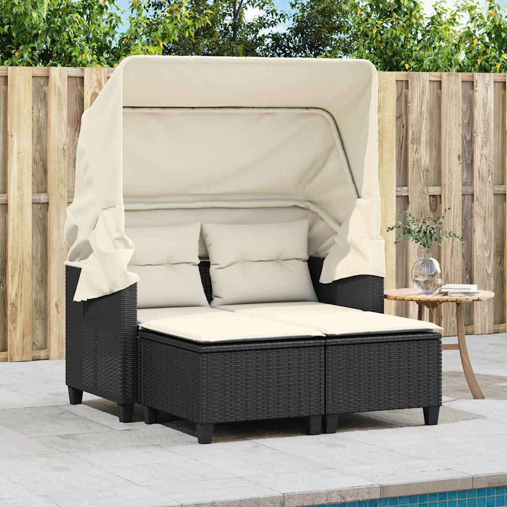 vidaXL 2-os. sofa ogrodowa z daszkiem i podnóżkami, czarna, rattan PE