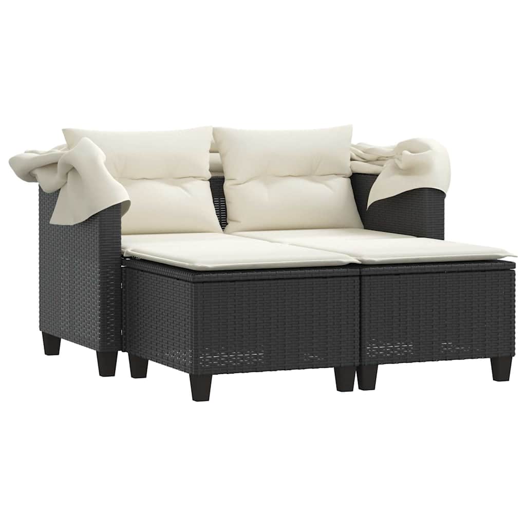 vidaXL 2-os. sofa ogrodowa z daszkiem i podnóżkami, czarna, rattan PE