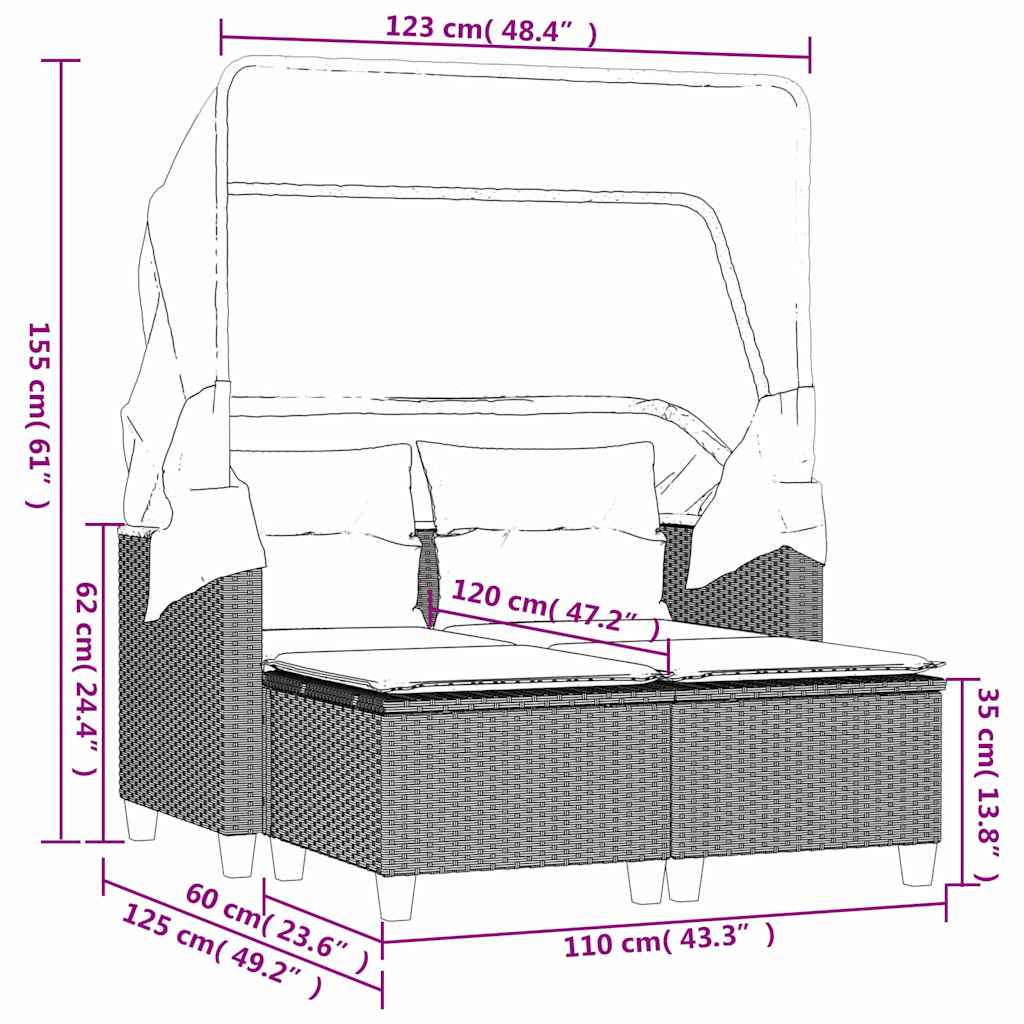vidaXL 2-os. sofa ogrodowa z daszkiem i podnóżkami, czarna, rattan PE