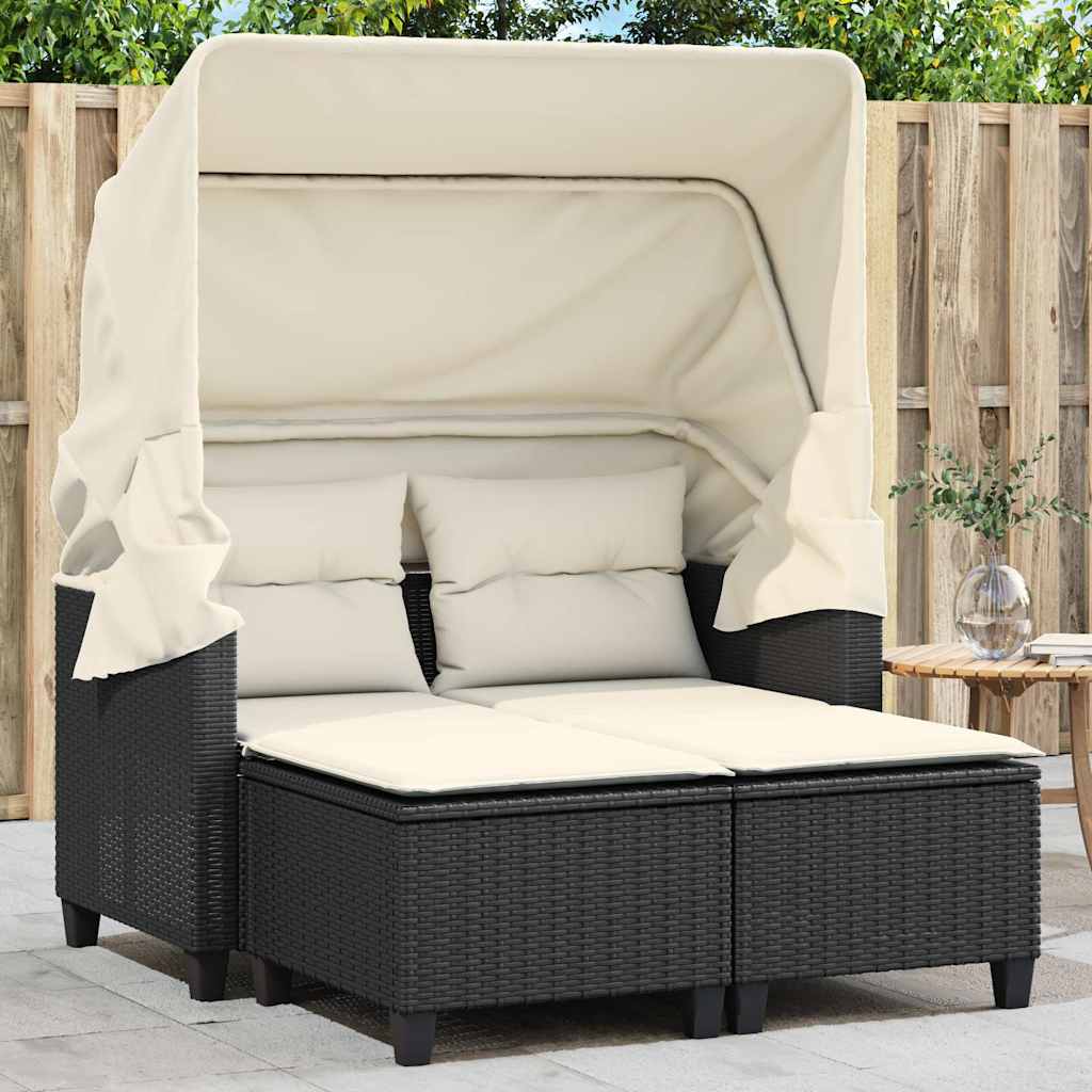 vidaXL 2-os. sofa ogrodowa z daszkiem i podnóżkami, czarna, rattan PE