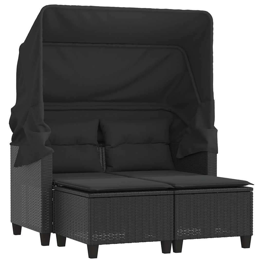 vidaXL 2-os. sofa ogrodowa z daszkiem i podnóżkami, czarna, rattan PE
