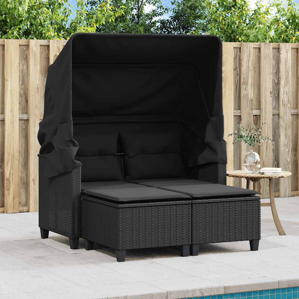 vidaXL 2-os. sofa ogrodowa z daszkiem i podnóżkami, czarna, rattan PE