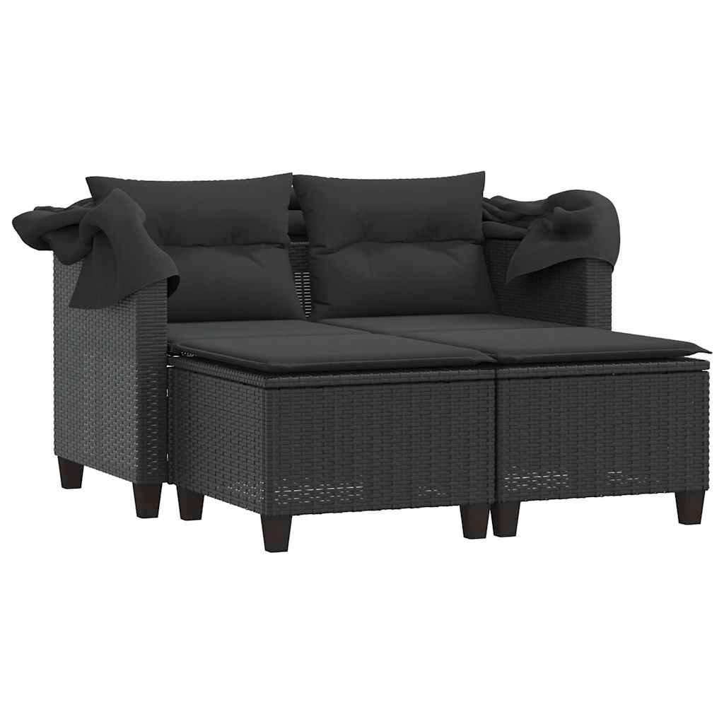 vidaXL 2-os. sofa ogrodowa z daszkiem i podnóżkami, czarna, rattan PE
