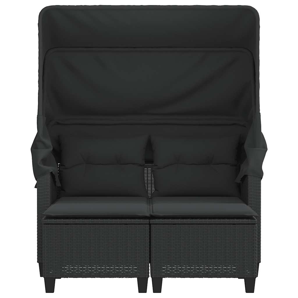 vidaXL 2-os. sofa ogrodowa z daszkiem i podnóżkami, czarna, rattan PE