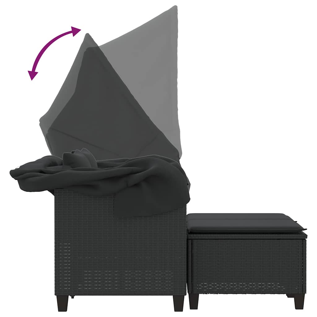 vidaXL 2-os. sofa ogrodowa z daszkiem i podnóżkami, czarna, rattan PE