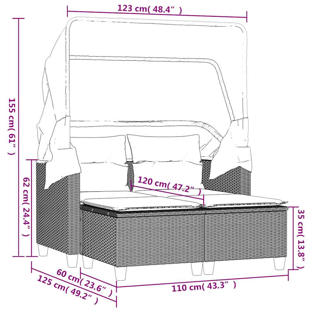 vidaXL 2-os. sofa ogrodowa z daszkiem i podnóżkami, czarna, rattan PE
