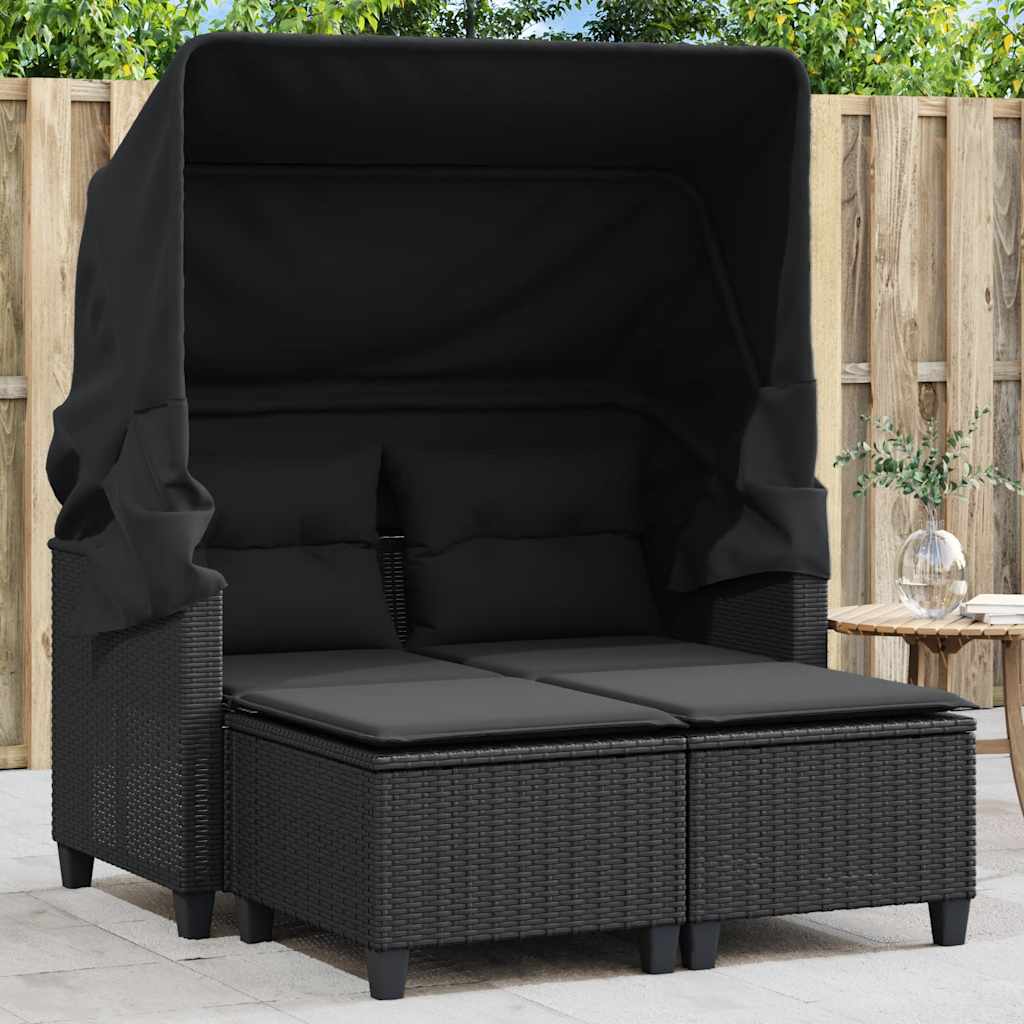 vidaXL 2-os. sofa ogrodowa z daszkiem i podnóżkami, czarna, rattan PE