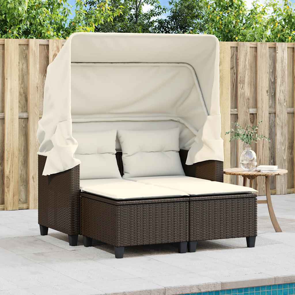 vidaXL 2-os. sofa ogrodowa, daszek i podnóżki, brązowa, rattan PE