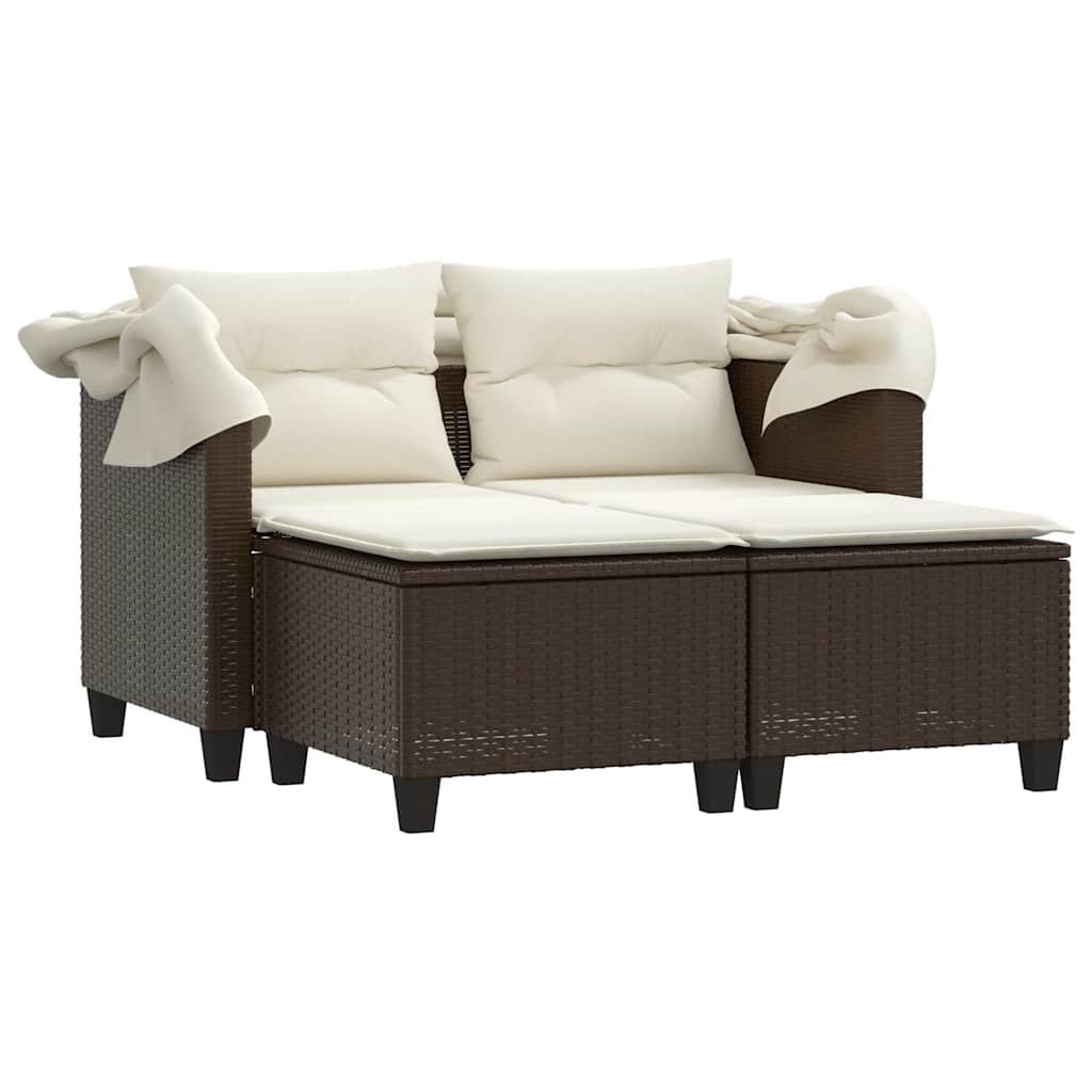 vidaXL 2-os. sofa ogrodowa, daszek i podnóżki, brązowa, rattan PE